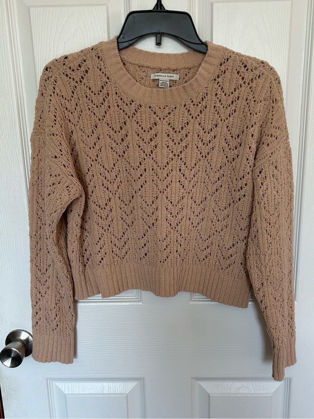American Eagle Open-Knit Crewneck Sweater in Beige XS